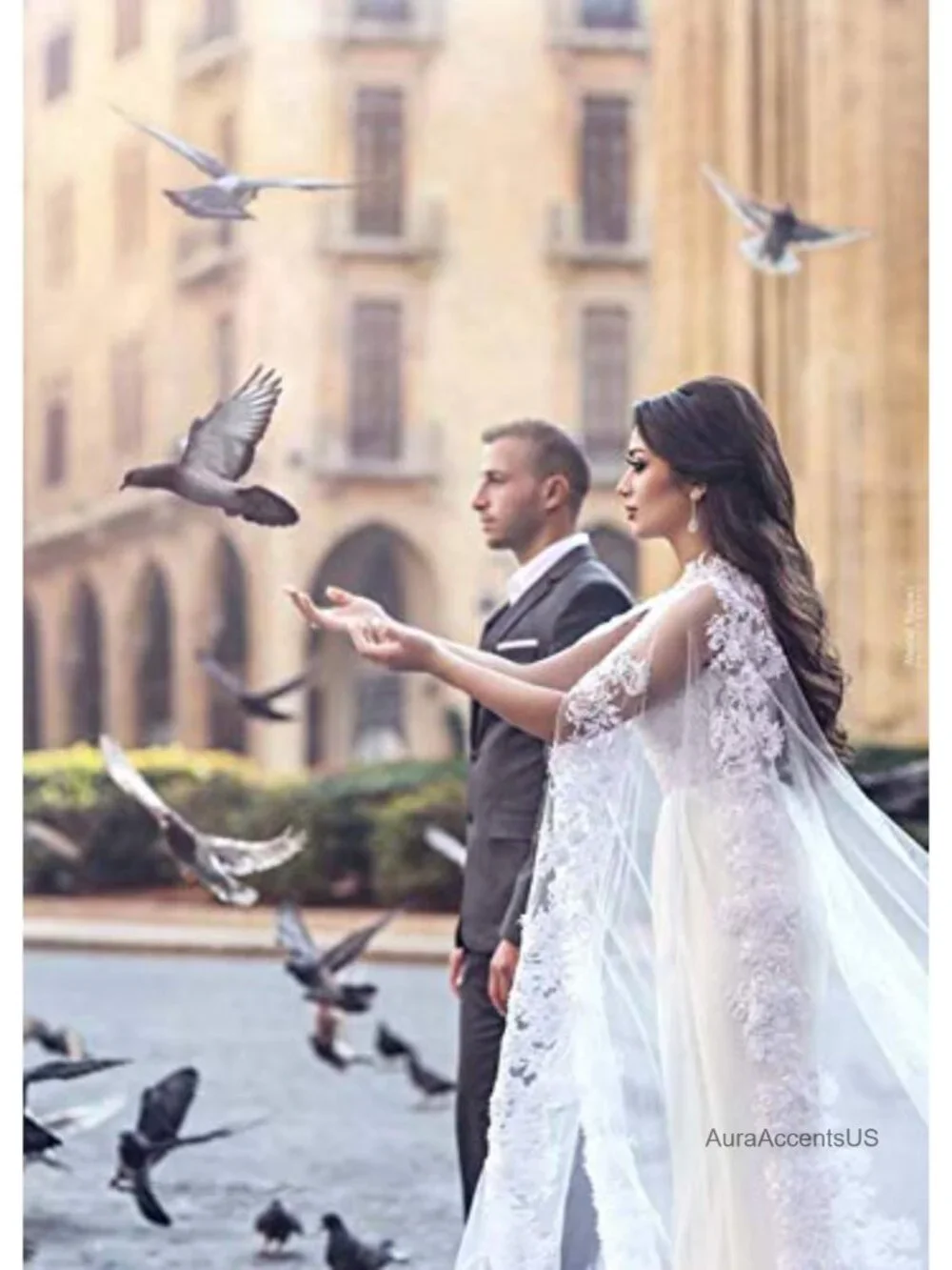 Women Wedding Cape Veil Tulle Lace Applique Long Train Bridal Shawl Cloak